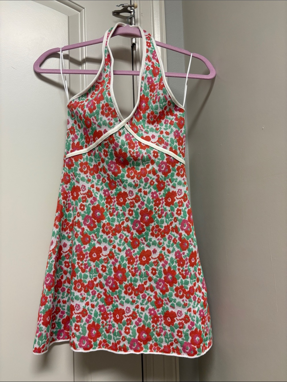 Zara Orange, Pink & Green Floral Halter Dress with White Trim
